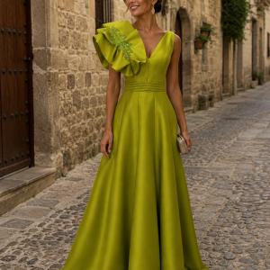 Vestido de madrina largo verde con escote de pico - Talla 44 - Ref. 1001