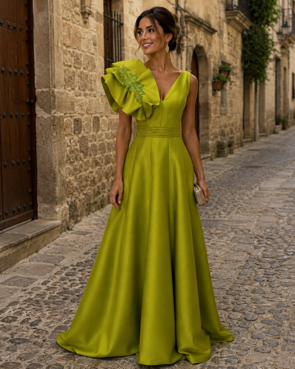 Vestido de madrina largo verde con escote de pico - Talla 44 - Ref. 1001