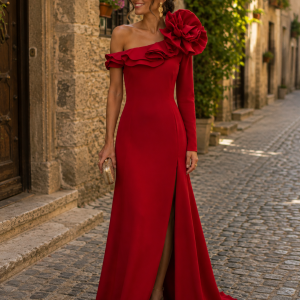 Vestido de madrina largo rojo asimétrico con flor - Talla 42 - Ref. 1002