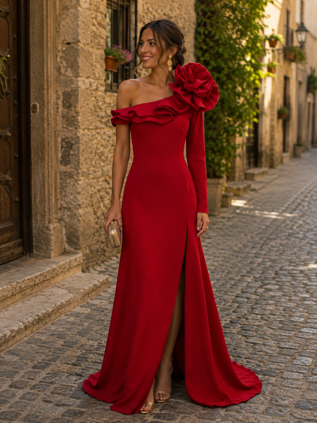 Vestido de madrina largo rojo asimétrico con flor - Talla 42 - Ref. 1002