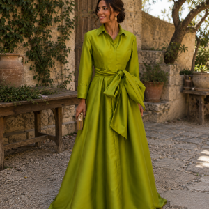 Vestido de madrina camisero largo verde en tafetán - Talla 42 - Ref. 1003