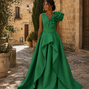Vestido de madrina largo verde con sobrefalda - Talla 44 - Ref. 1003