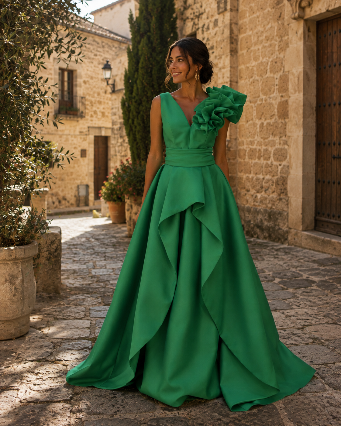Vestido de madrina largo verde con sobrefalda - Talla 44 - Ref. 1003